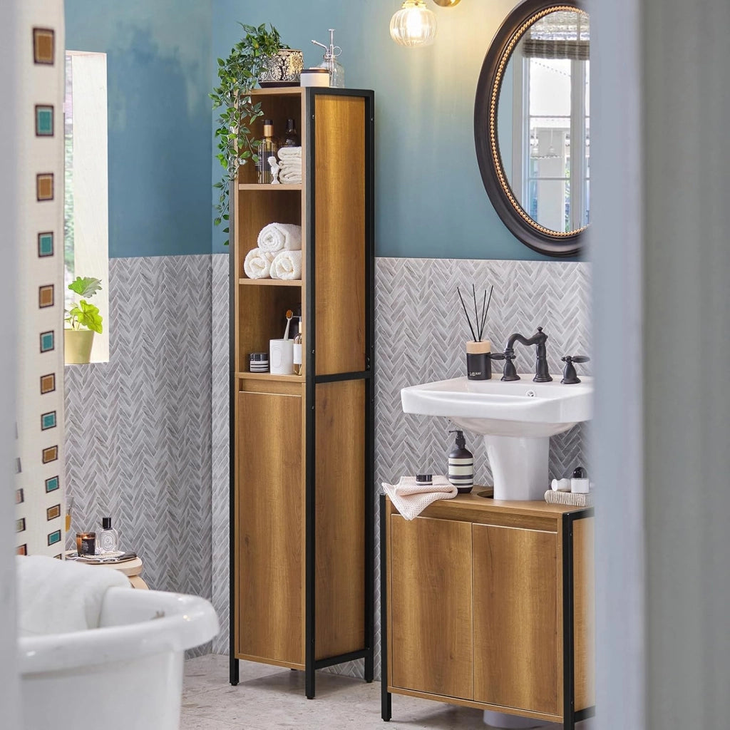 Colonna Bagno Alta e Stretta con 3 Ripiani Aperti e 1 Anta – Mobiletto Salvaspazio Vintage in Metallo e Legno 30x168x28cm BZR62-PF