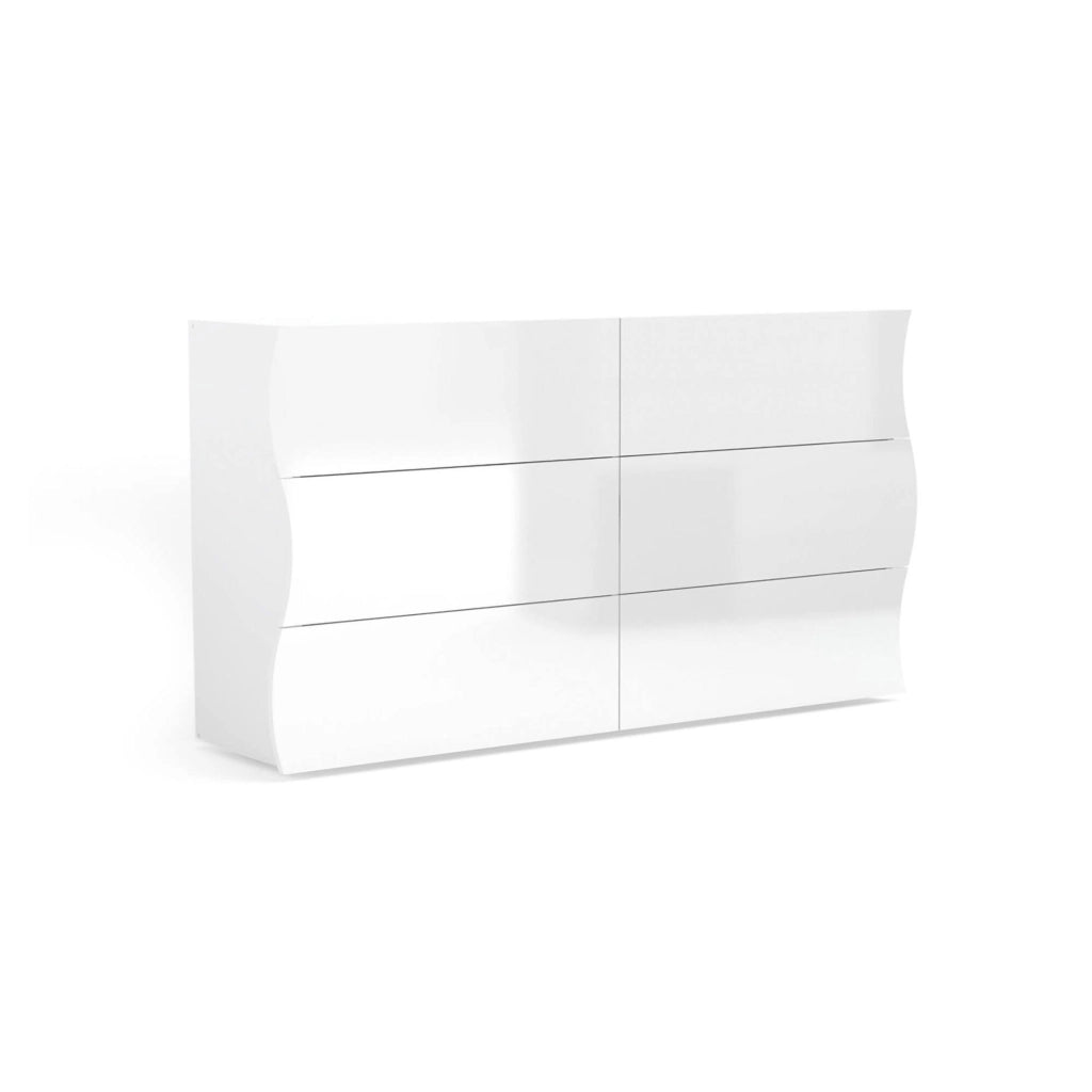 ComÒ² Aton, Made in Italy, Mobiletto per Soggiorno e Camera, Credenza 6 cassetti, Bianco lucido, cm 155x40h82