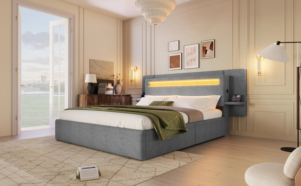 Letto imbottito 140x200 cm; letto contenitore con sollevamento idraulico; lino grigio