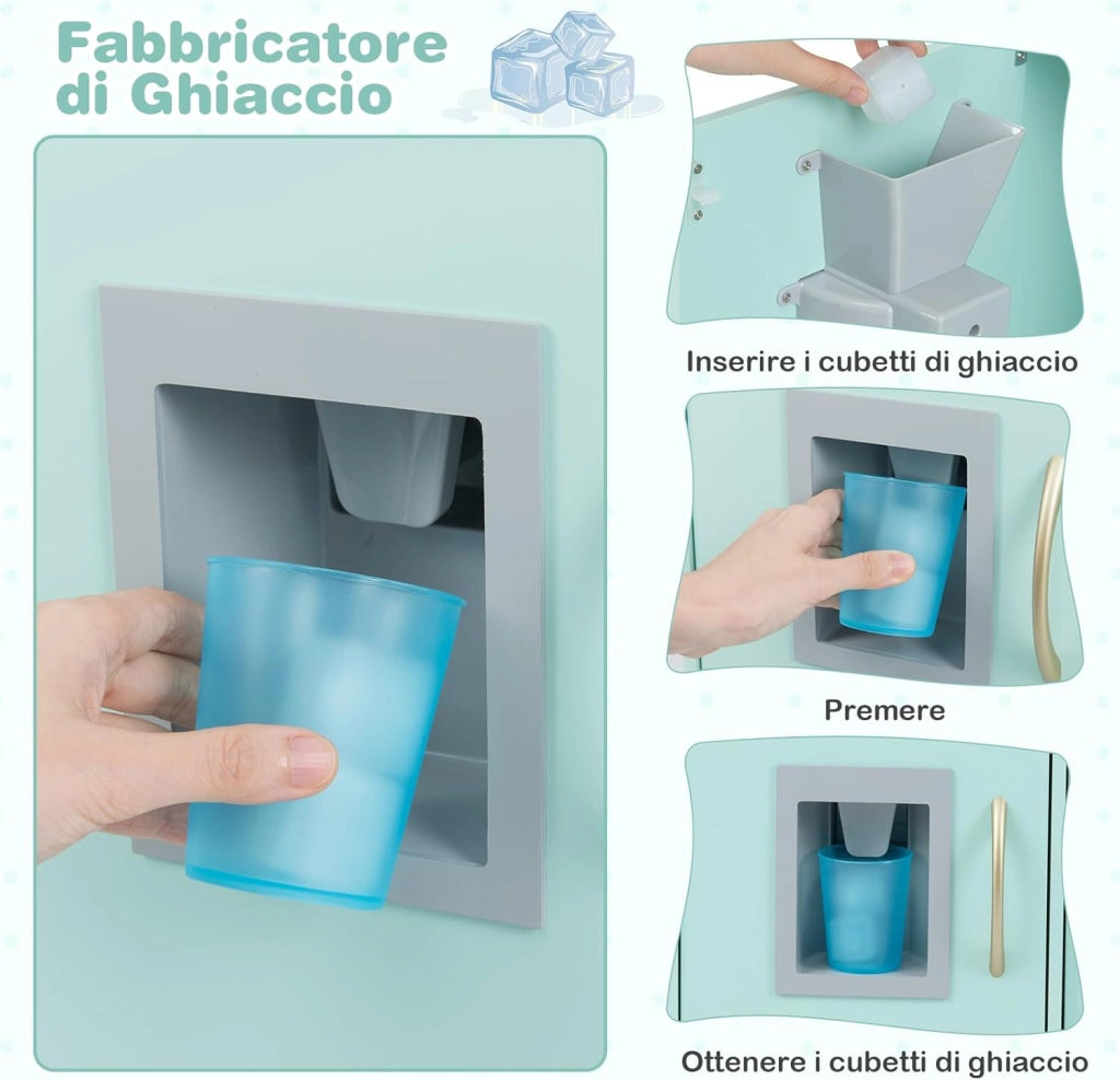 Set da Cucina per Bambini con Lavagna, Telefono, Microonde, Fabbricatore di Ghiaccio, Giocattolo da Cucina in Legno con Accessori e Suoni Simulati per Ragazzi di 3-6 Anni (Verde Menta)