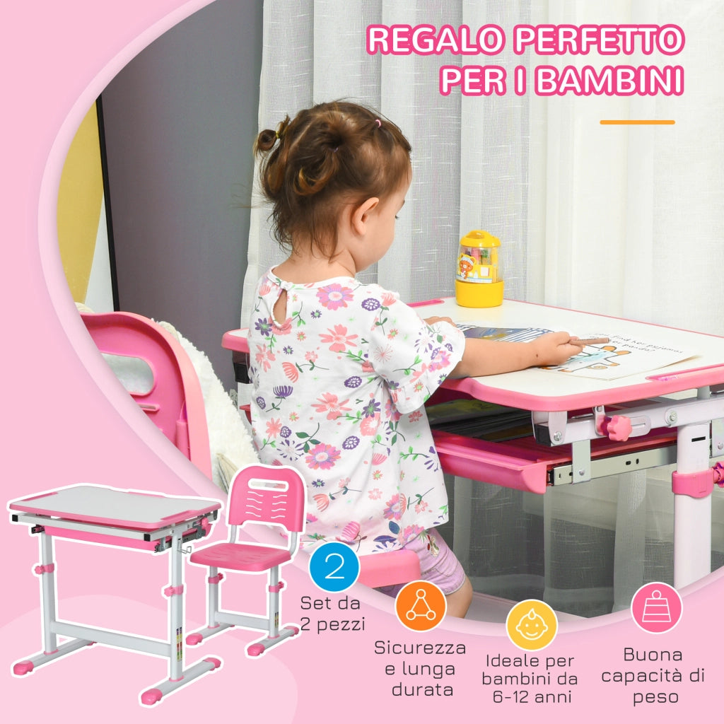 Banco Scuola per Bambini 6-12 Anni con Sedia e Altezza Regolabile, Piano Inclinabile, 66x47x52-77 cm, Rosa