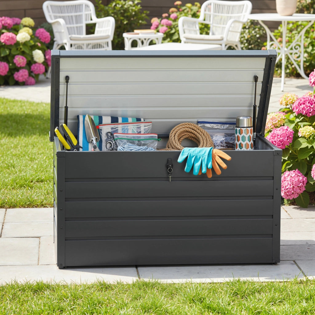 Panca Baule Contenitore da Giardino con Chiave, Cassapanca Moderna in Acciaio, Grigio, 120x62x62cm