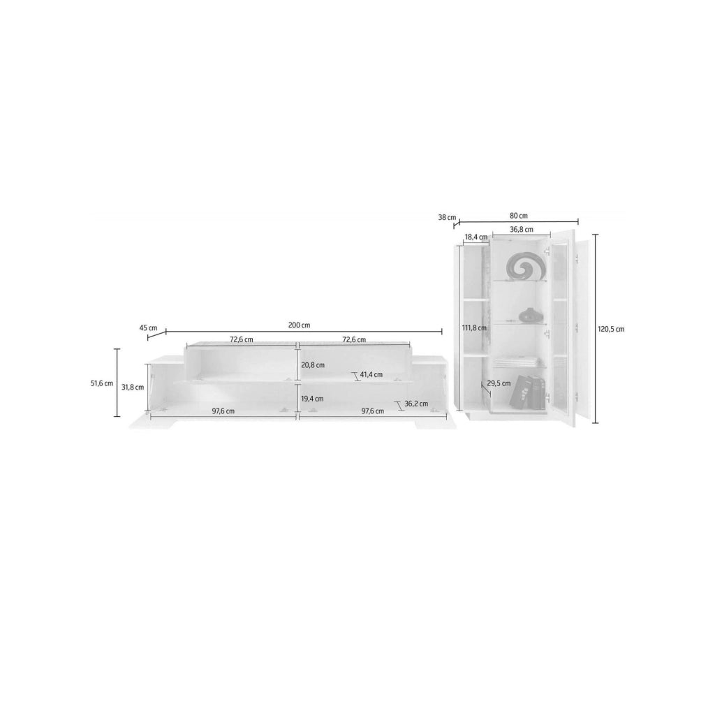 Parete attrezzata da soggiorno Anisia, Made in Italy, Porta TV a luce LED bianca, Set salotto moderno, cm 290x45h121, Bianco lucido e Acero