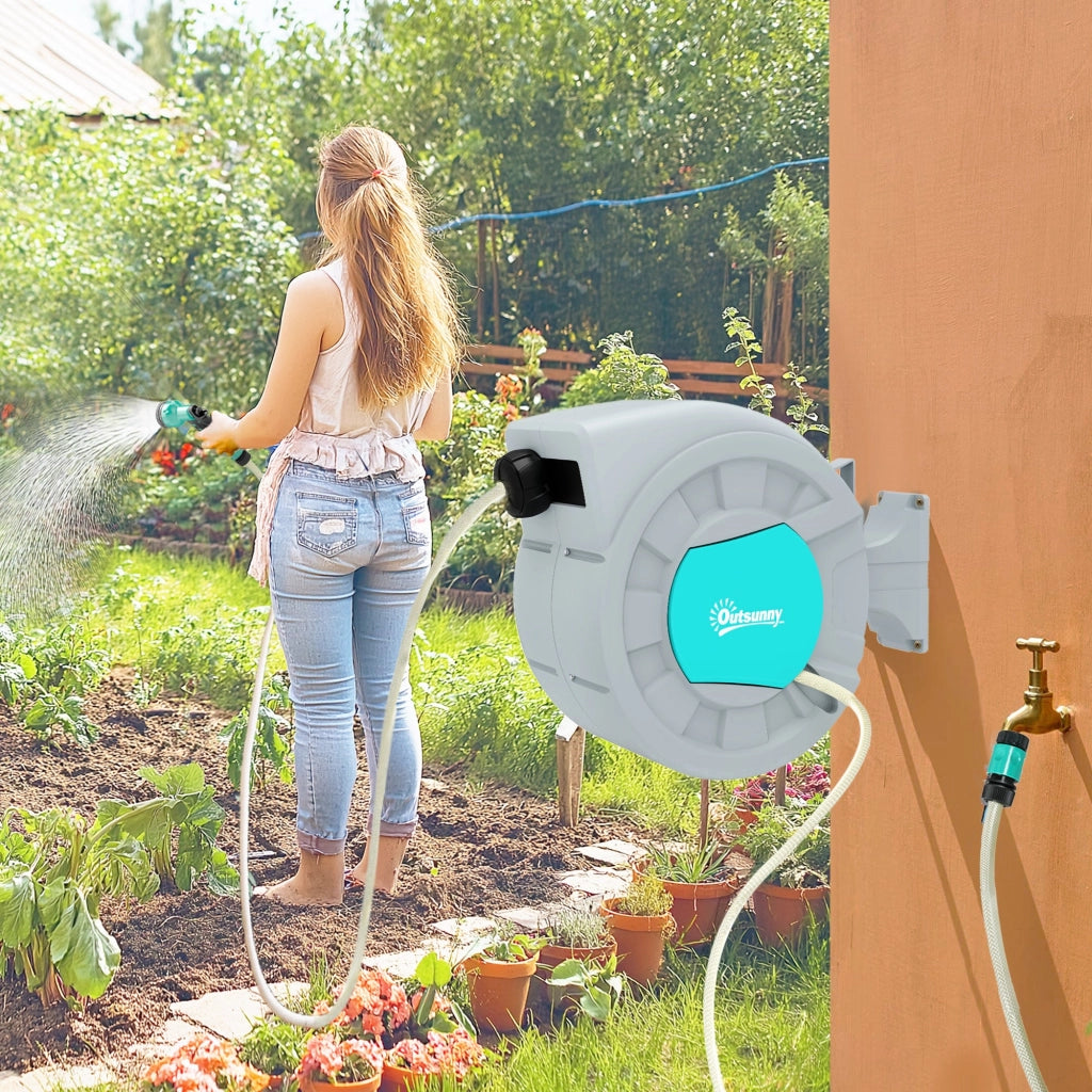 Avvolgitubo Automatico a Parete e Portatile Lunghezza 30+2 m con Sistema di Blocco e 7 Getti Verde e Grigio