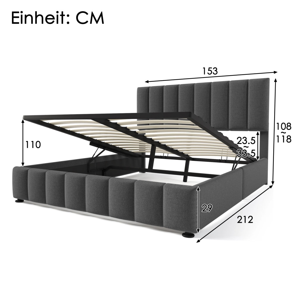 OKWISH Letto Contenitore 140×200 cm, Letto Matrimoniale con Testiera Regolabile e Vano Contenitore, senza Materasso, in Lino, Grigio