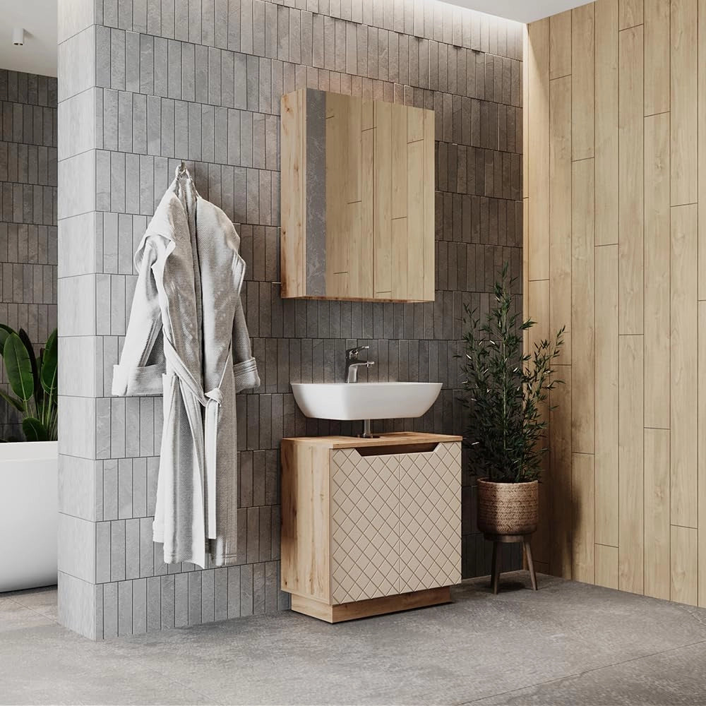 Set di mobili da bagno Lotta, Rovere/cashmere con struttura in piastrelle, 2 parti