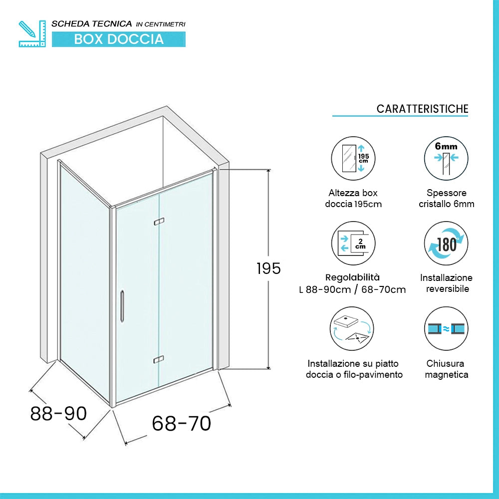 Box doccia angolare a soffietto 90x70 in vetro temperato trasparente con profili cromo Neos