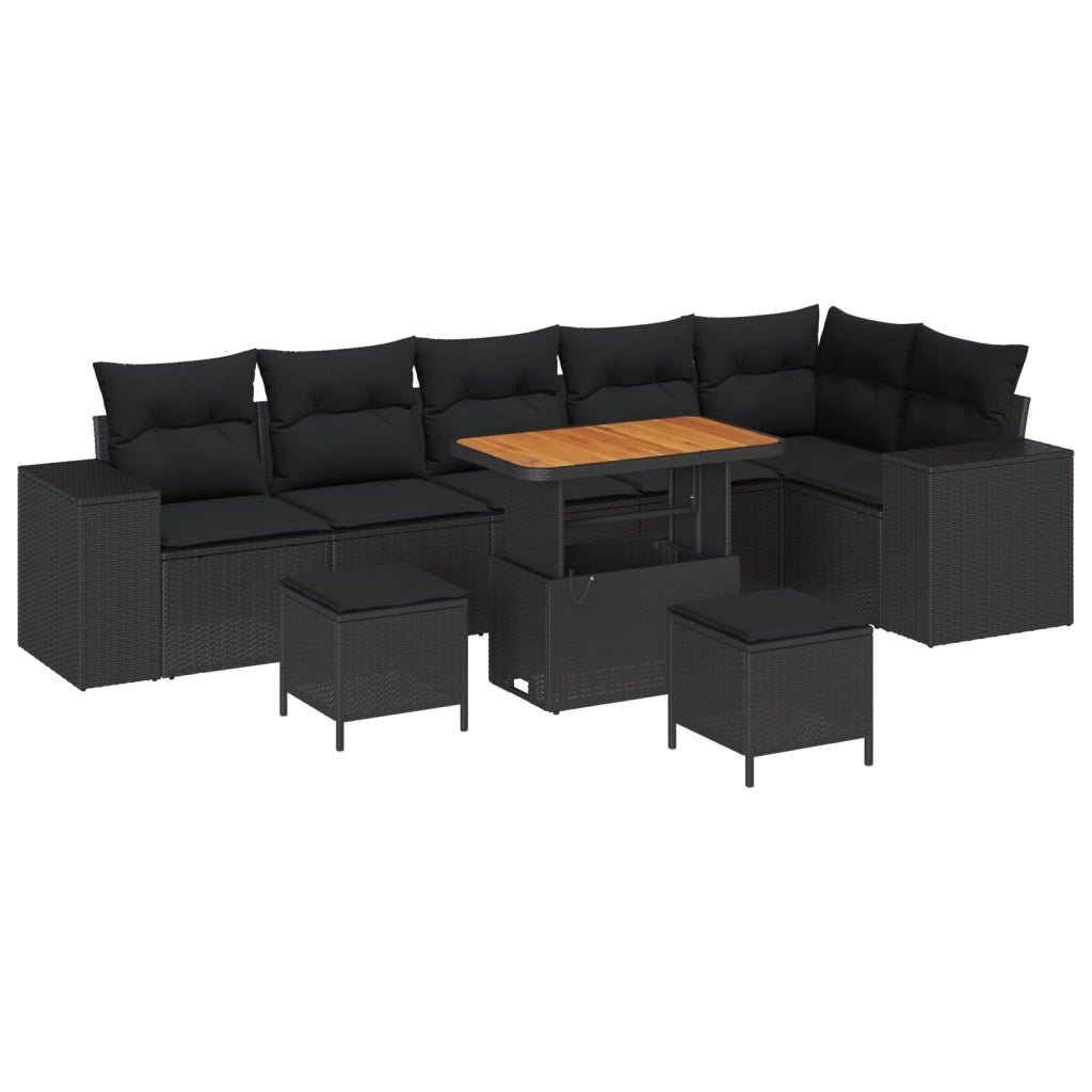 Set divano da giardino 9 pezzi con cuscini Polyrattan nero Acacia