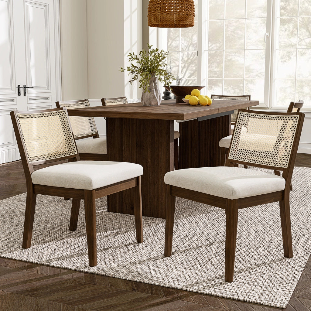 Sedie da Pranzo in Legno Massello con Schienale in Rattan ¨C MINIMAL ¨C Noce, Set 6 Pezzi