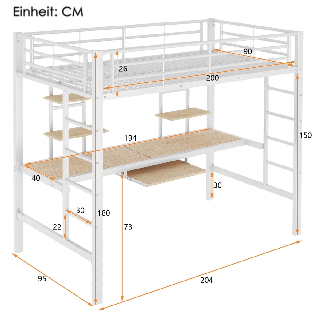 Letto a castello 90x200 con scrivania, scaffali e scala, bianco