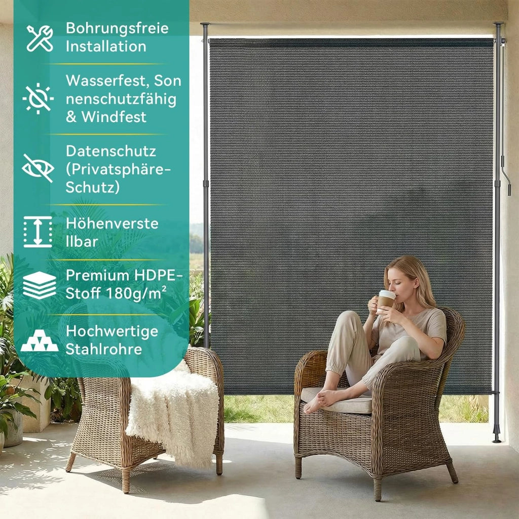 Tenda Verticale HDPE 200×310 cm Grigio, Tenda a Pinza Estensibile, Senza Forare, Privacy, Protezione Solare UV, Antivento, Resistente Alle Intemperie - per Balcone, Giardino, Terrazza