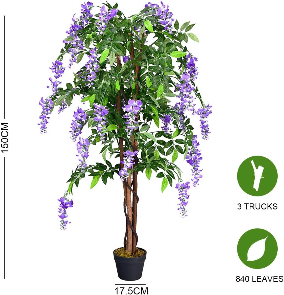 Albero artificiale per esterno o interno, pianta artificiale decorativa con 840 foglie e tronco naturale, simulazione decorazioni paesaggistiche, altezza 150 cm
