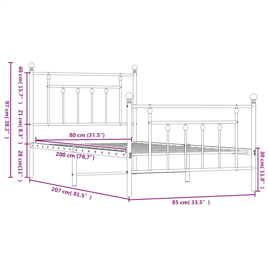 Giroletto con Testiera e Pediera Metallo Nero 80x200 cm 353546