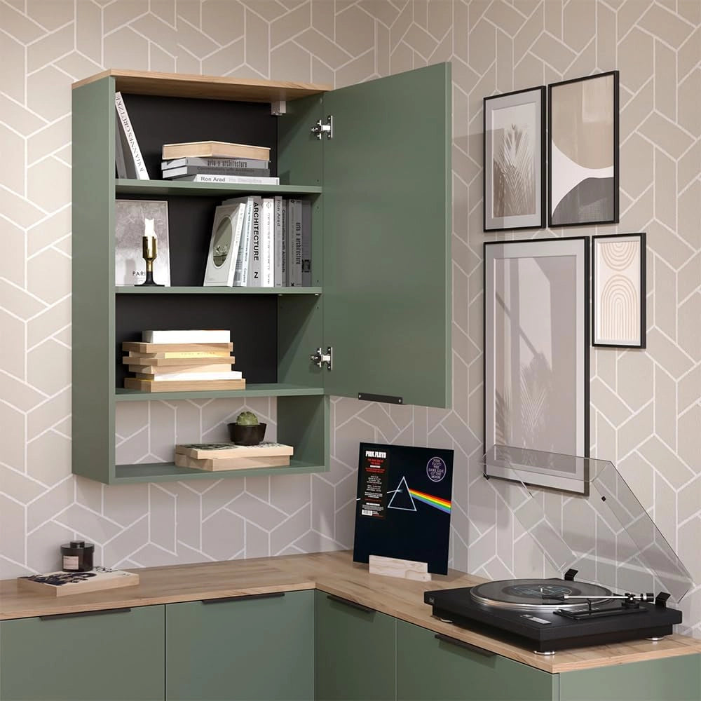 Libreria da parete Wido, Verde, 60 x 100 cm con porta, adatto al montaggio a parete per bagno o cucina