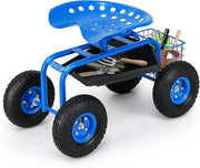 Sgabello da Giardino, Sgabello per Giardinaggio con Ruote, Sedile Regolabile in Altezza e Girevole a 360°, Cestello e Vassoio, Carrello per Prato e Giardino, Portata 150 kg (Blu)