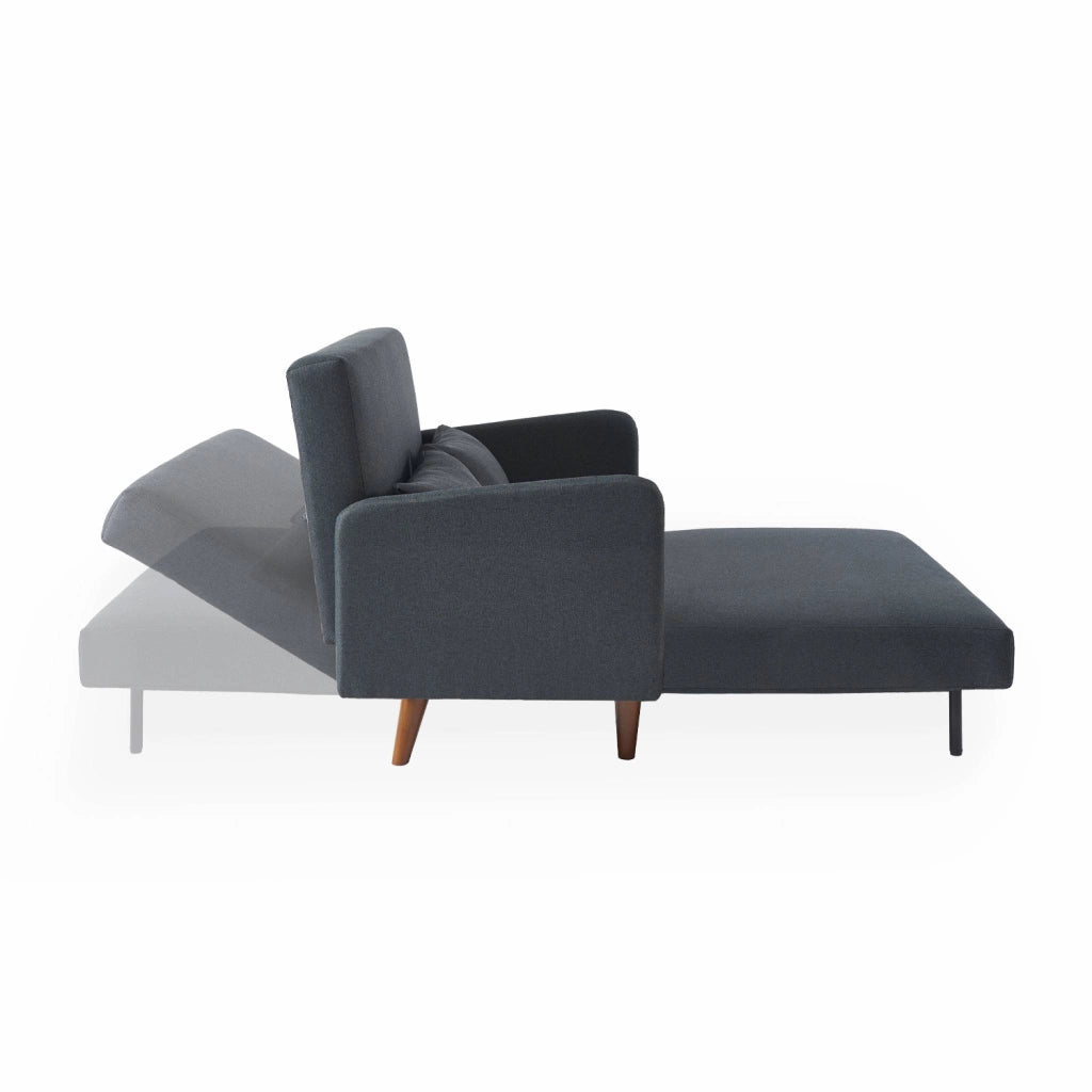 Divano letto clic-clac in tessuto con gambe in legno, 2 posti, grigio