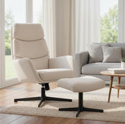 Poltrona relax beige con pouf e base in metallo