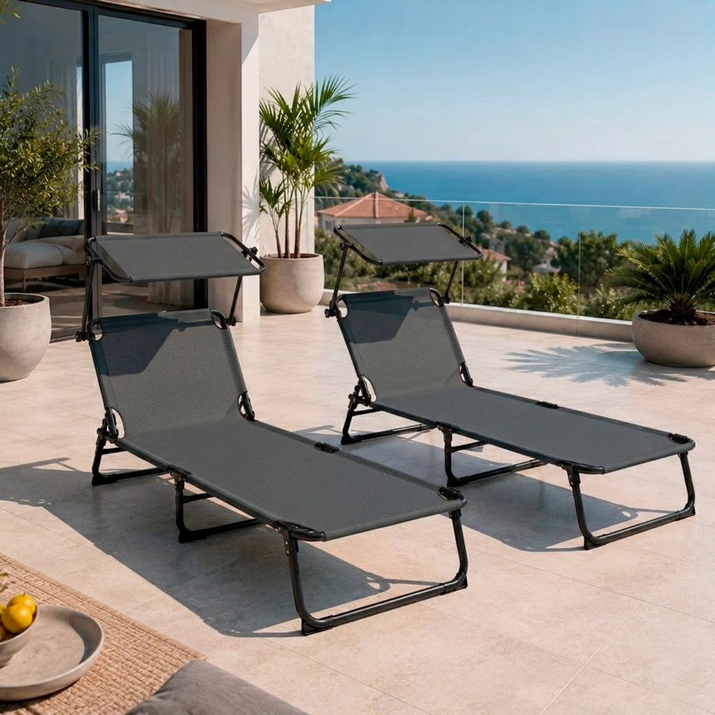 Lettino Prendisole Pieghevole Con Tettuccio Parasole Schienale Reclinabile Regolabile Telaio In Metallo Nero 187 x 53 x 24 Cm Grigio Scuro