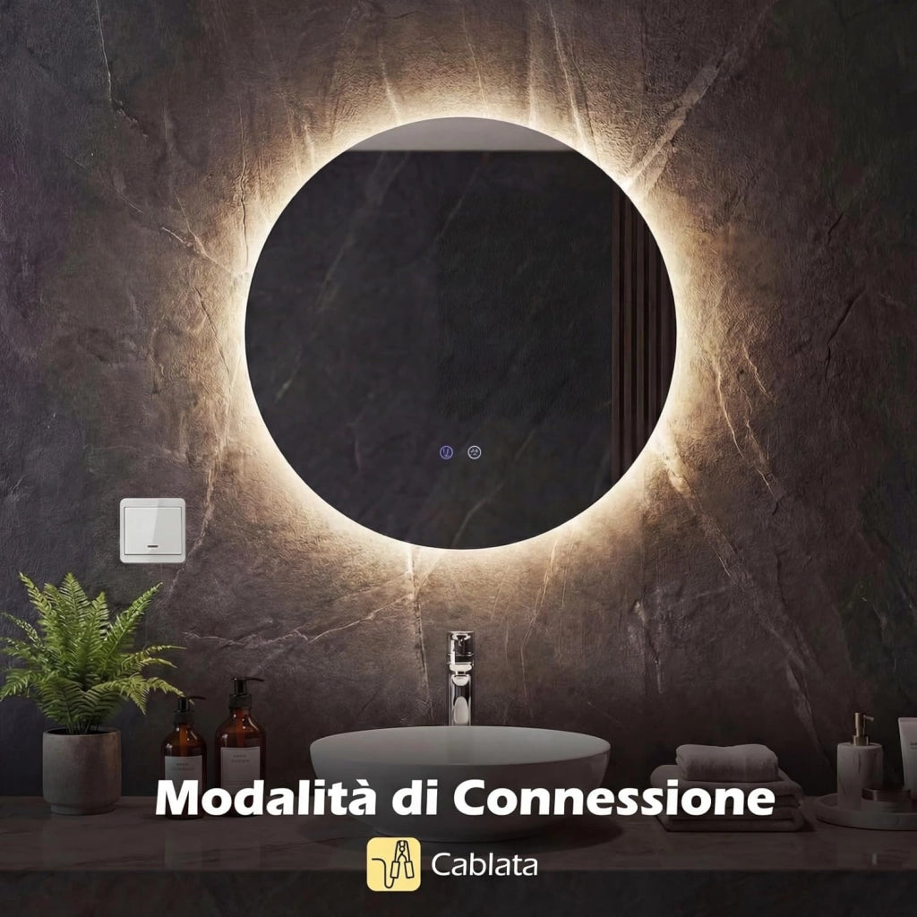 Specchio Rotondo LED da 60 cm, Specchio da Bagno da Parete con Luminosità Regolabile, Retroilluminato Morbido, Vetro Temperato con Funzione Memoria e Anti-Appannamento (60 cm x 2,8 cm)