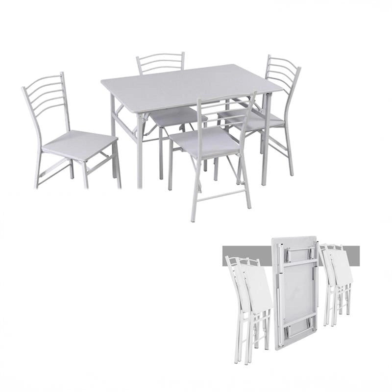 SET EASY CON TAVOLO E 4 SEDIE PIEGHEVOLI COLORE BIANCO, STRUTTURA IN METALLO E SEDUTA IN LEGNO