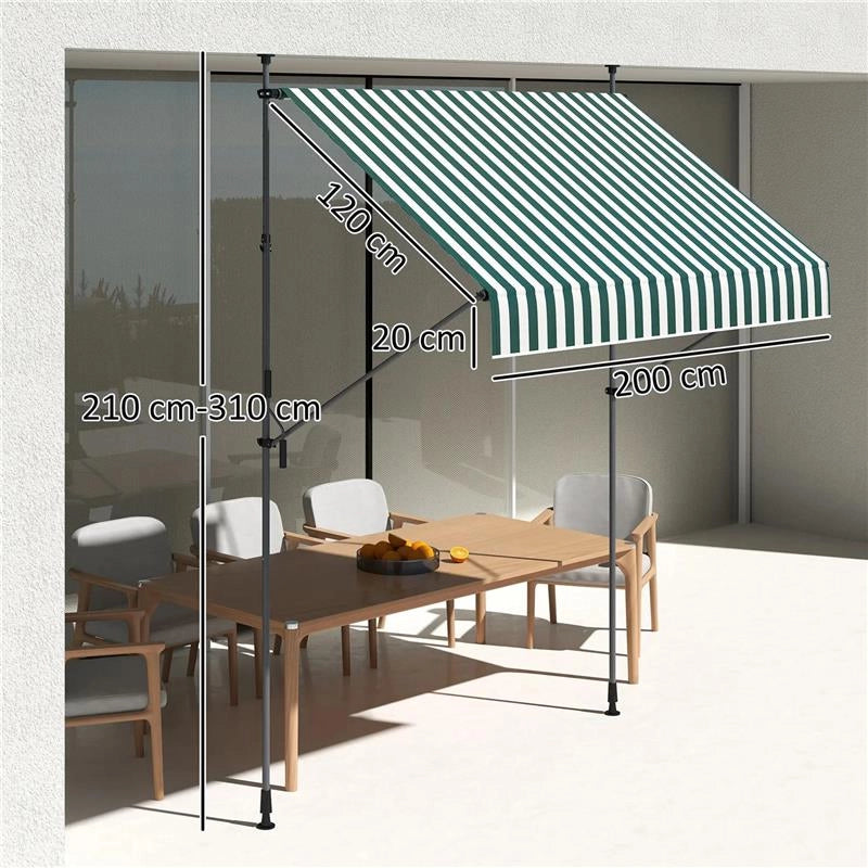 TENDA DA SOLE 2X1.2 M CON SUPPORTI REGOLABILI E MANOVELLA IN ALLUMINIO METALLO E POLIESTERE VERDE E BIANCO