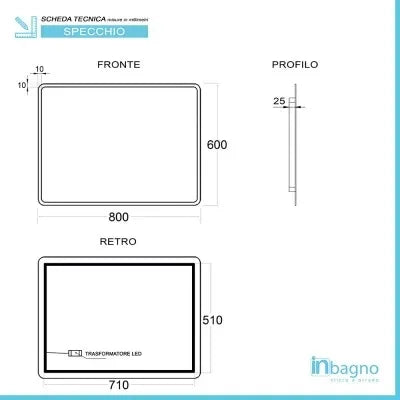 Specchio bagno 80x60 cm reversibile con cornice slim LED naturale