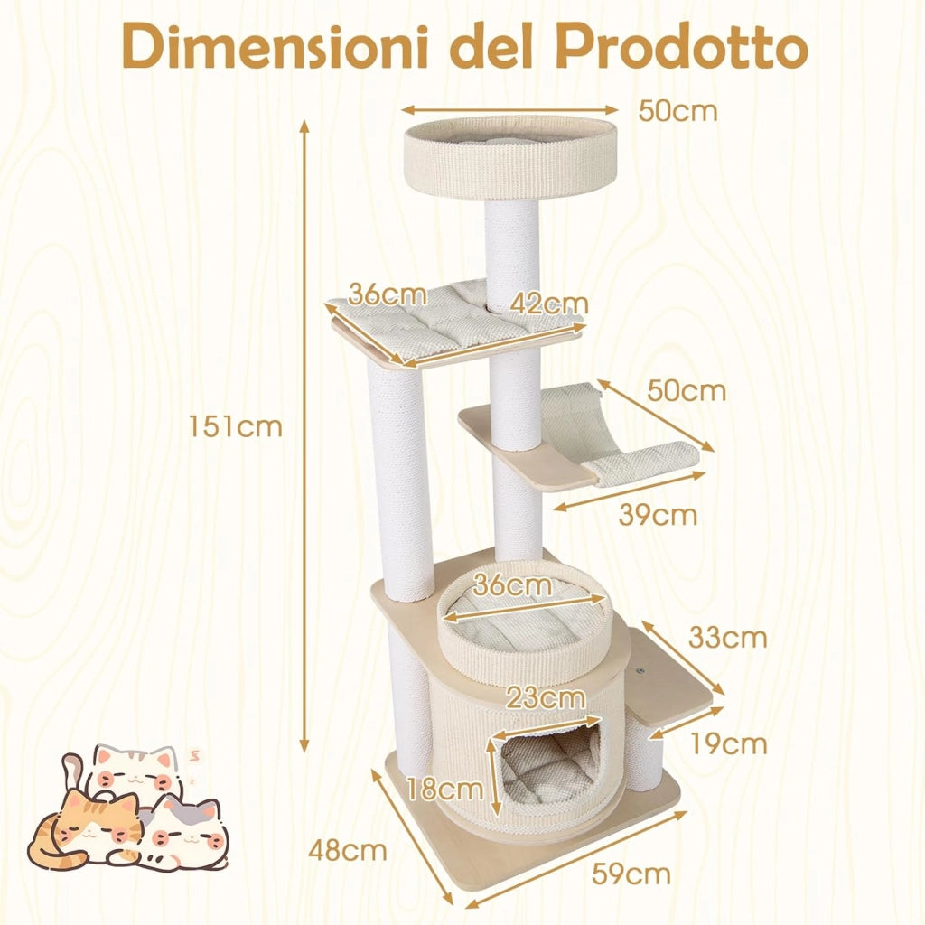 Albero per Gatti Alto 151 cm, Tiragraffi per Gatti con Comodo Poggiapiedi Imbottito, Condo a 2 Piani, Tappetini Morbidi Rimovibili, Posti Graffianti, Amaca Accogliente