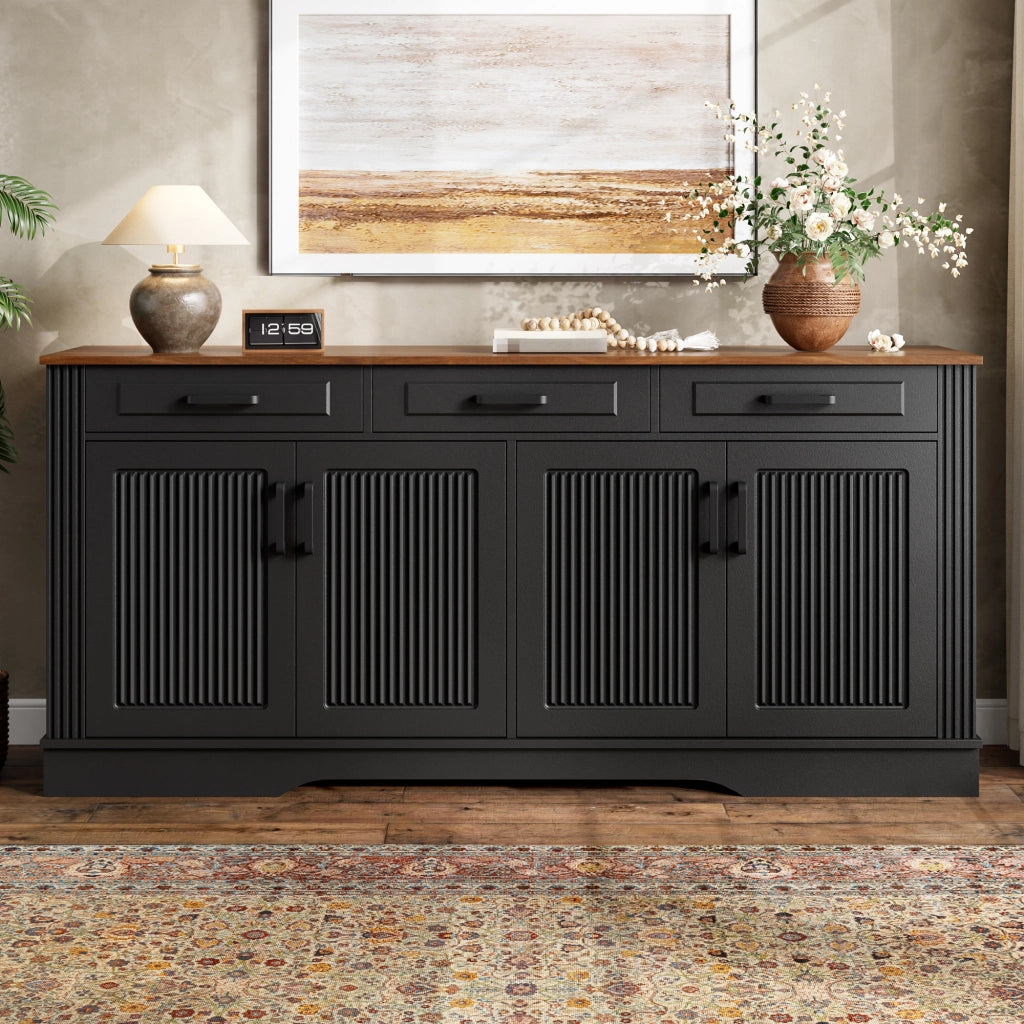 Credenza e madia con 4 ante 3 cassetti e 2 vani, in MDF, nero, per soggiorno e ingresso, 160 × 40 × 75 cm