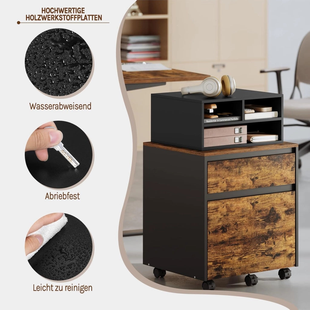 Schedario da Ufficio a 2 Livelli con Custodia, Porta Stampante da Scrivania in Legno con 3 Scomparti per l'Ufficio, 47x40x22,5cm, Nero, ASK15sz