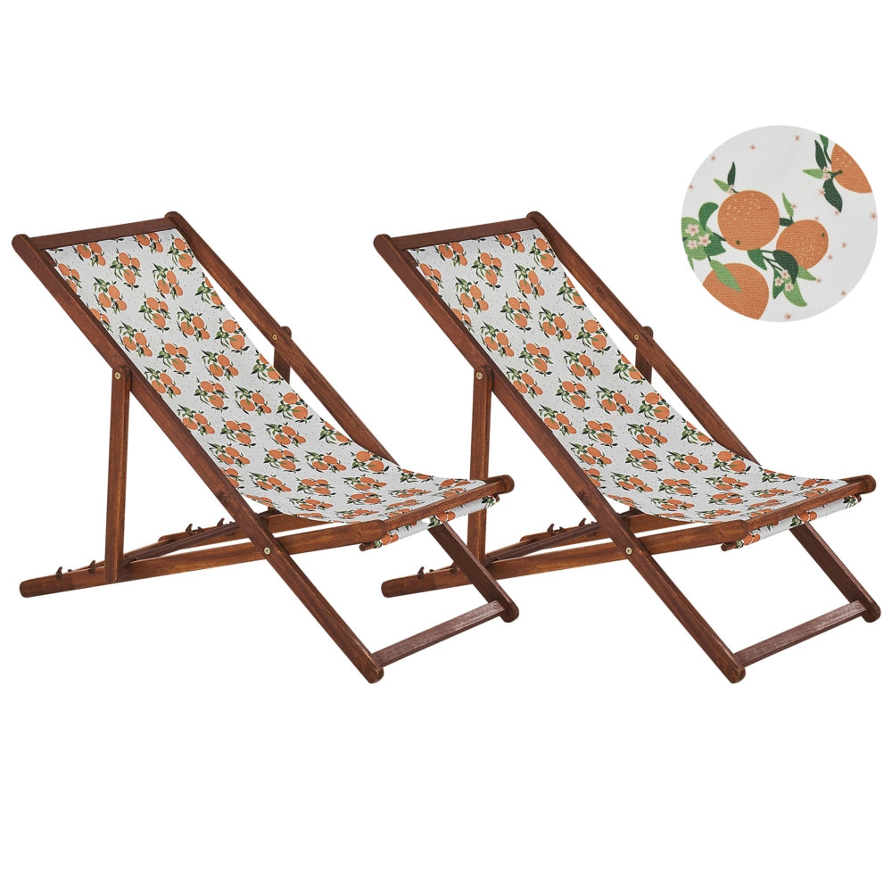 Set di 2 sedie a sdraio da giardino con struttura in legno di acacia scuro motivo arance in tessuto amaca sedile reclinabile