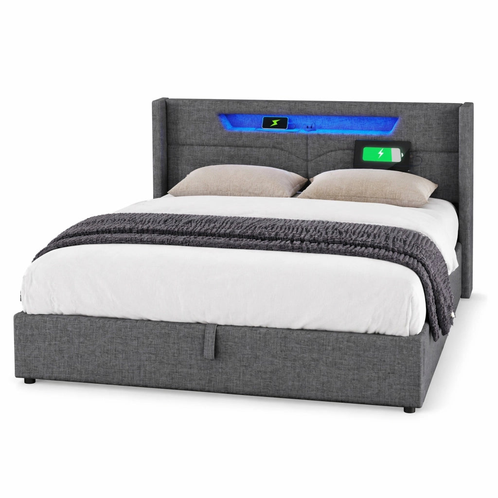 Letto matrimoniale 140x200 cm in tessuto lino grigio con LED; USB e contenitore