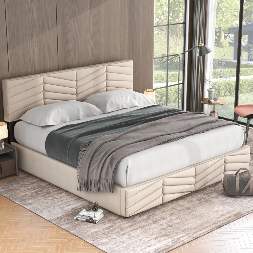 Letto imbottito contenitore in velluto beige 160 x 200 cm