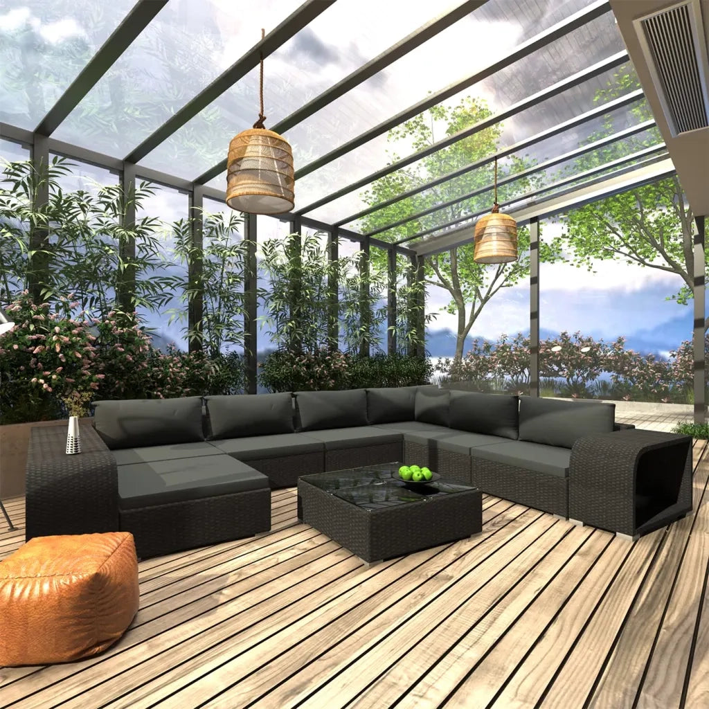 Set Divani da Giardino 10 pz con Cuscini in Polyrattan Nero 48310