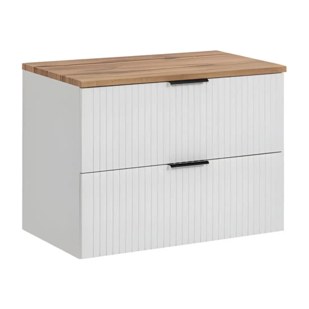 Set da bagno NOXERA 80 cm - Mobile sottolavabo sospeso bianco opaco e piano per lavabo in rovere wotan