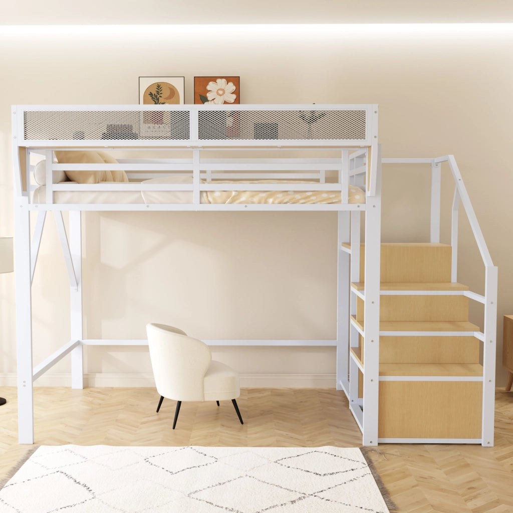 Letto a soppalco 140x200 cm in metallo bianco con ripiano