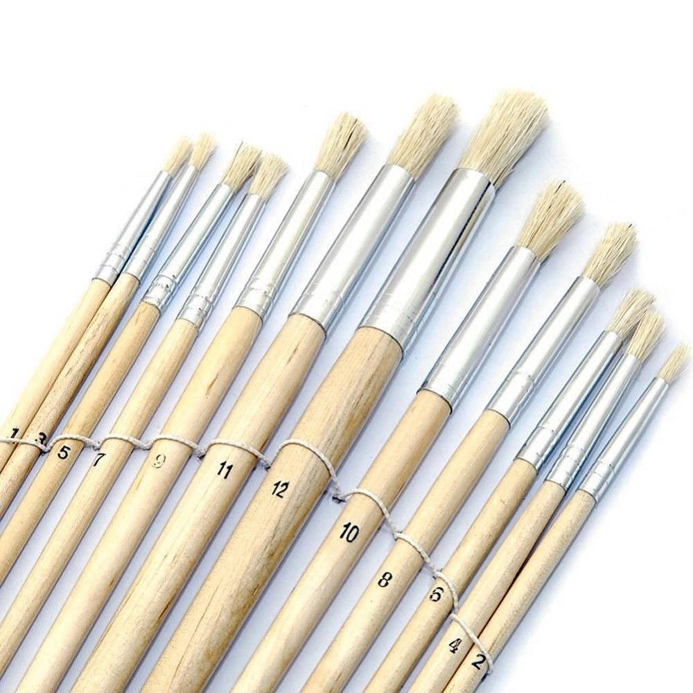 Trade Shop - Set 12 Pennelli Pennello Punta Tonda Manico Legno Lungo Pittura Arte Decoupage -