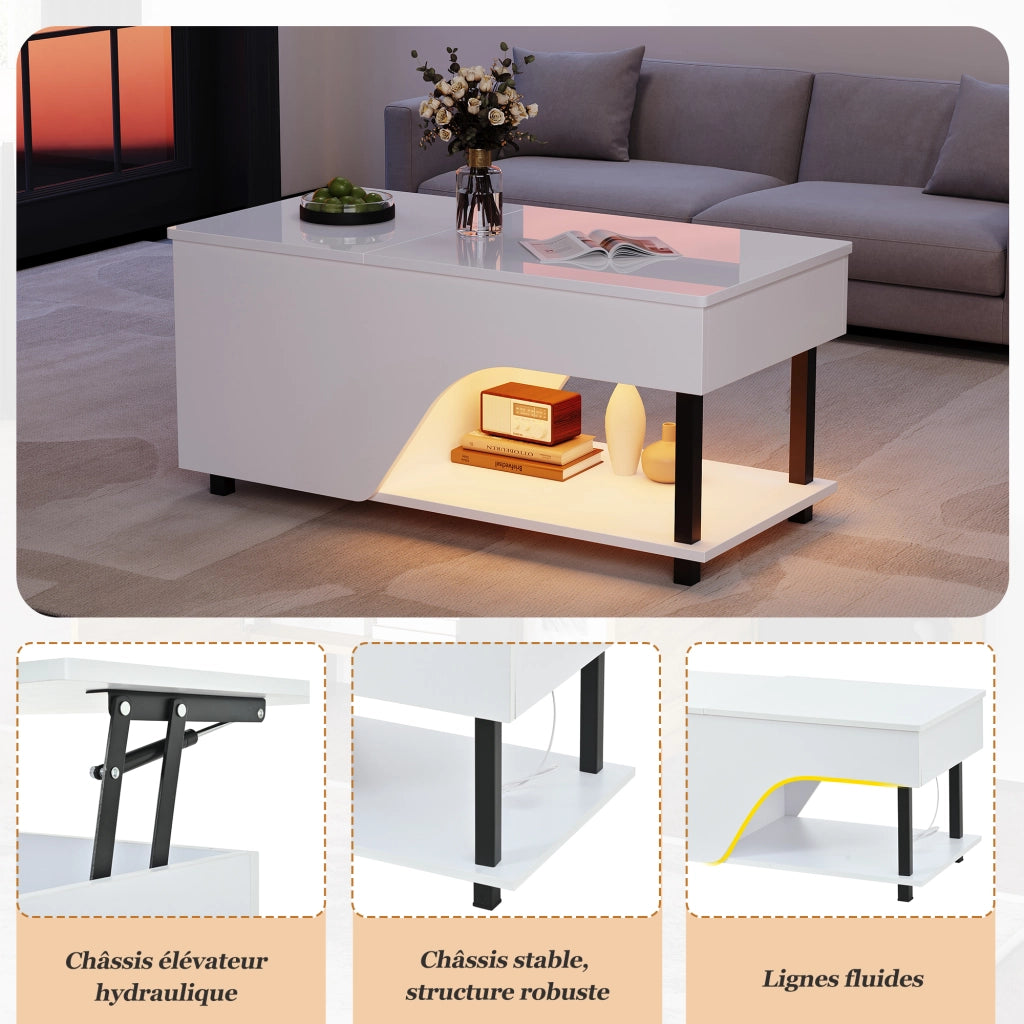 Tavolino da caffè alzabile con vano portaoggetti e ripiani laterali - per soggiorno - 50×100×46 cm - bianco