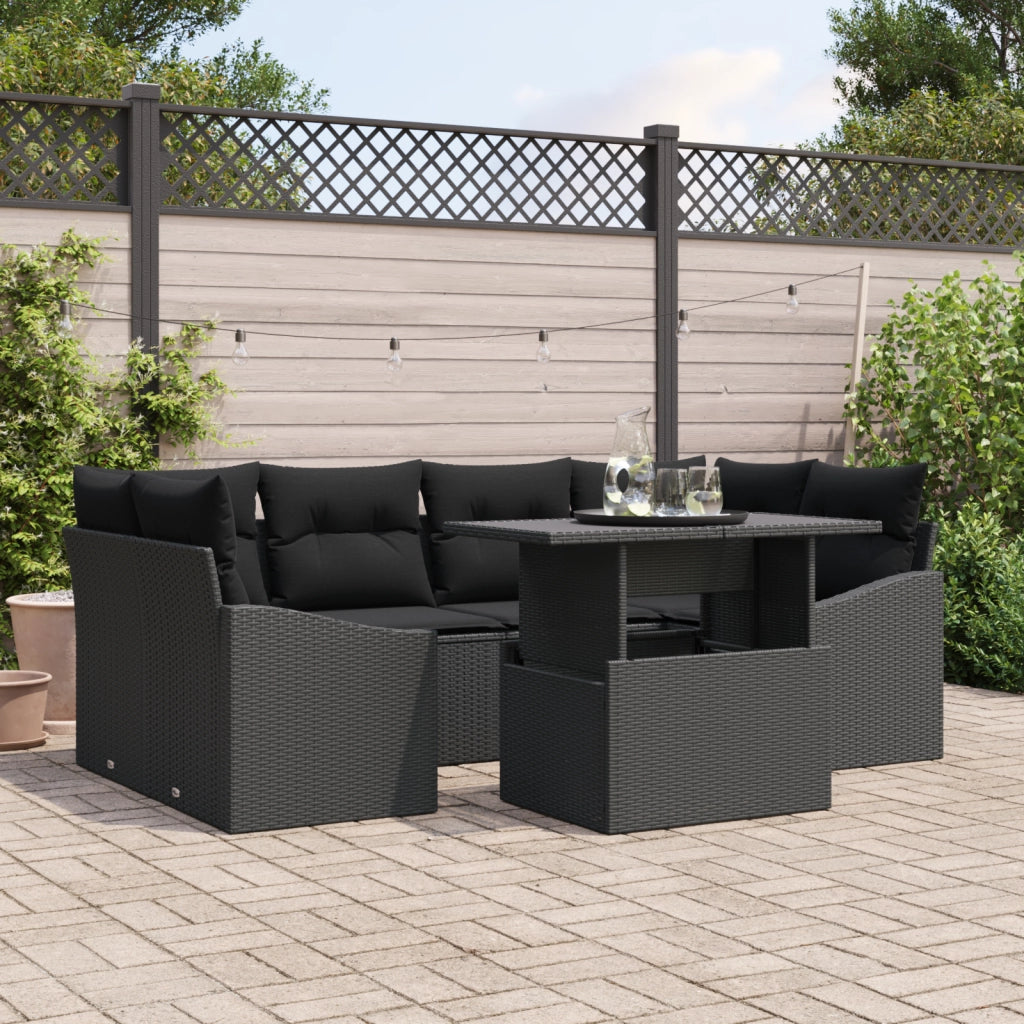 Set divani giardino 7 pezzi con cuscini Nero Polyrattan