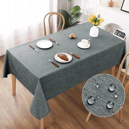 Tavolo Coprente 140x200cm, Tavolo Coprente con Aspetto di Lino Grigio, Coprente da Tavolo Lavabile, Realizzato in Poliestere, Impermeabile all'Acqua con Effetto Lotus, Resistenze ai Graffi Duratura per Salotto, Cucina, Terrazza, Giardino