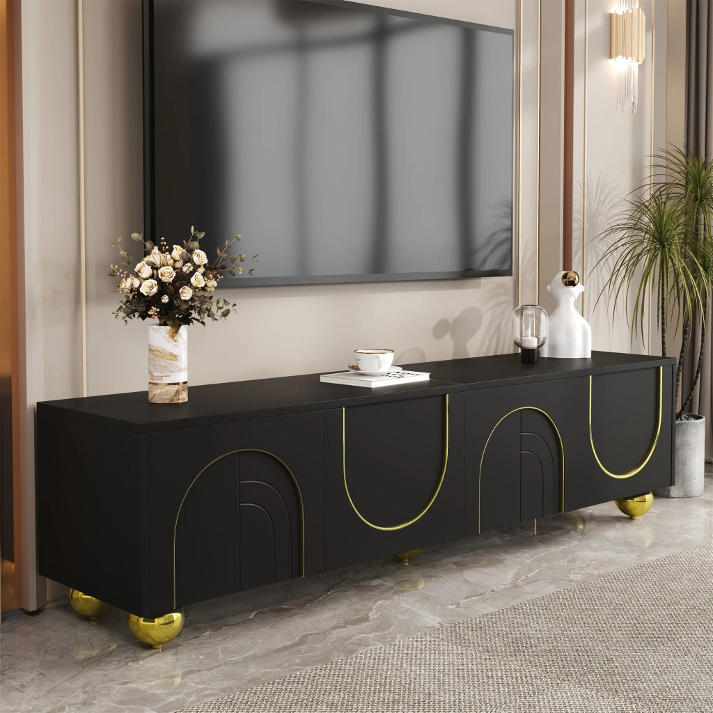 Mobile TV con 4 Ante e Ripiani; Apertura Push-to-Open; Piedini Rotondi Dorati; in Pannello Truciolare; 170??38??44 cm; Nero