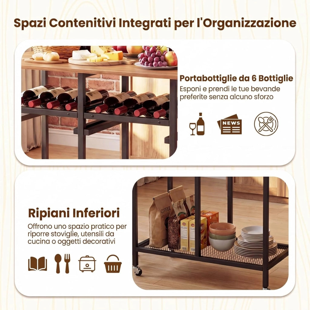 Set Tavolo da Pranzo Pieghevole 3 Pezzi, Tavolo Salvaspazio Estendibile con 2 Sgabelli con Ruote, Portabottiglie da 6 Posti, Ripiani e Maniglia Laterale per Cucina (Marrone,Modello 2)