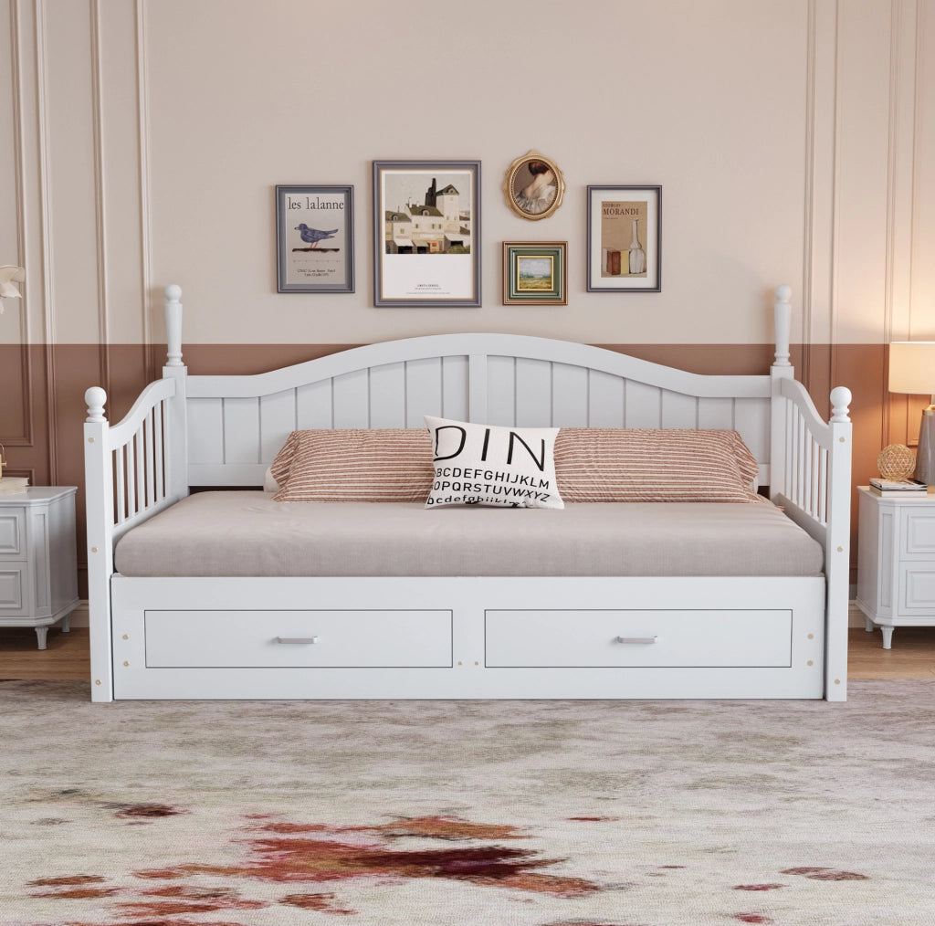 Divano letto estraibile 90x190 cm con cassetti e rete a doghe in legno bianco
