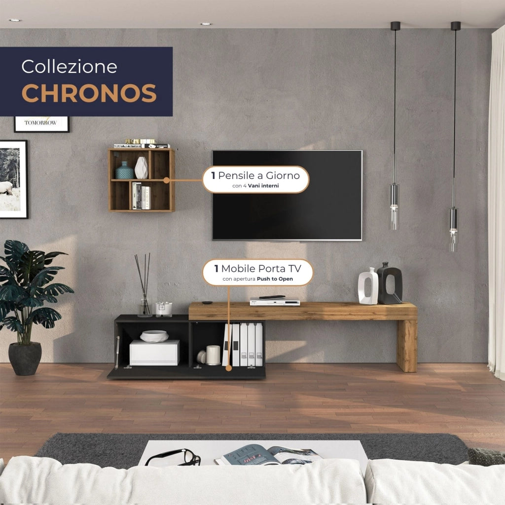 WHOUS Parete attrezzata Chronos set soggiorno antracite opaco e rovere 180/290x40 cm