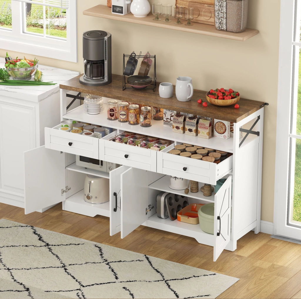 Buffet 140x35x95 cm con 3 cassetti; 2 ante e vano aperto; MDF bianco e marrone