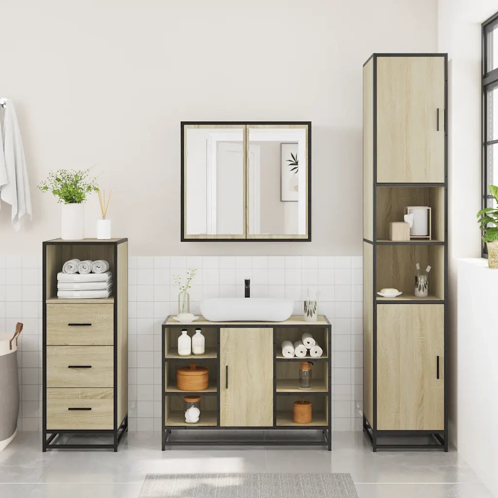 Set Mobili da Bagno | Armadio da bagno 3 pz Rovere Sonoma in Legno Multistrato