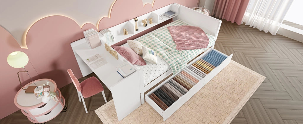 DESMIU Letto singolo 1 posto con scrivania, 2 cassetti e 3 ripiani 90 × 200 cm, senza materasso, pino, bianco