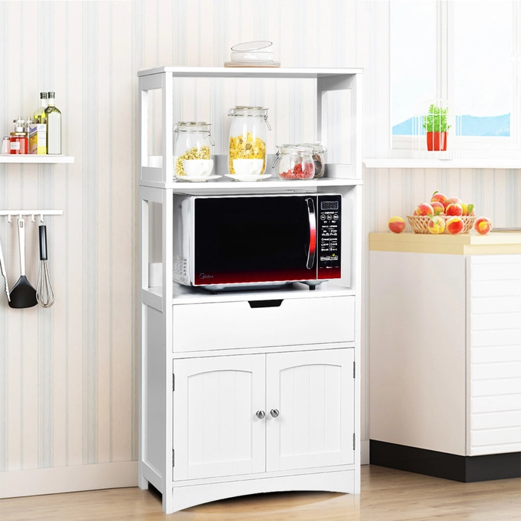 Armadietto in legno da cucina con cassetto e mensola, Armadio con 2 ante multiuso per cucina e soggiono Bianco-Scaffali e librerie