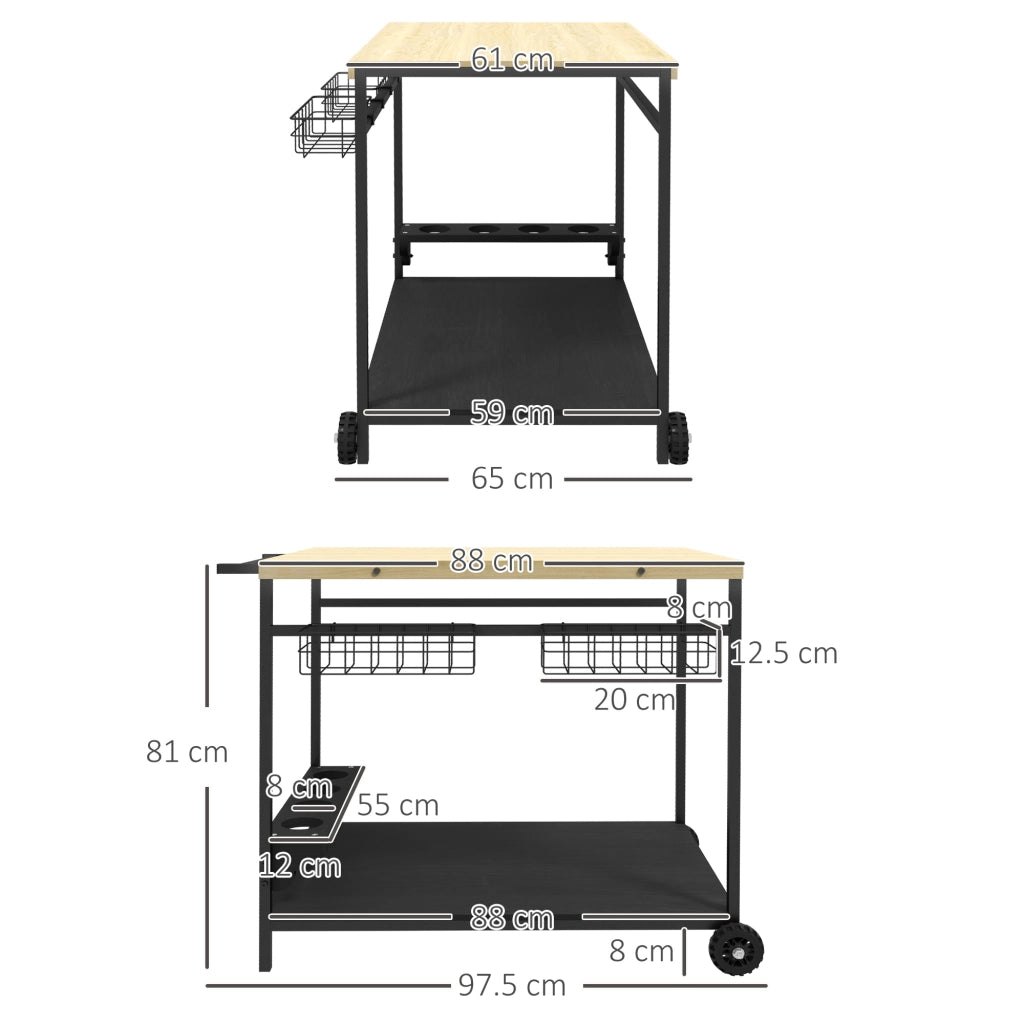 Carrello servitore da giardino a 2 livelli in legno di abete con cesto metallico e portabottiglie