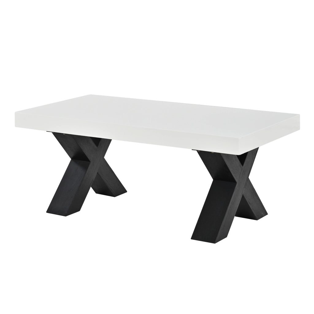 Tavolino da salotto rettangolare con 2 gambe a X; piano laccato lucido; per soggiorno e balcone; MDF bianco nero 100 × 50 × 40 cm