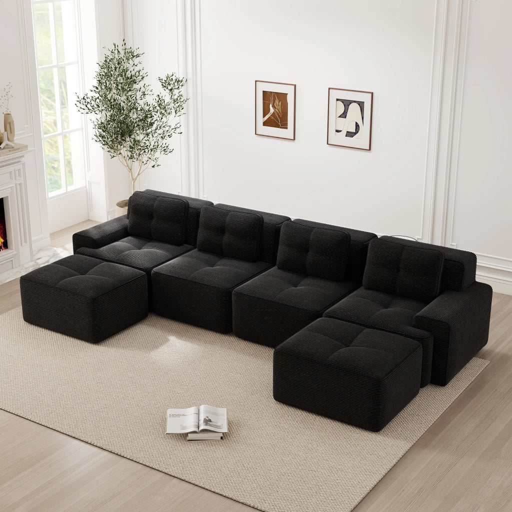 Divano Modulare Chaise Longue 4 Posti ¨C Xylo ¨C Velluto a Coste Nero